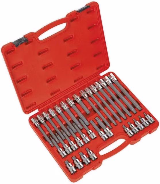 Loops 32pc RIBE Star Short and Long Socket Bit Set, 1/2 inch Square Drive, Chrome Vanadium Steel, Silver and Multicolour