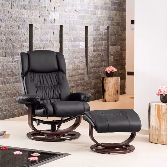 Artemis Home Gilchrist Swivel Recliner and Footstool in Black Synthetic Leather with Solid Wood Frame