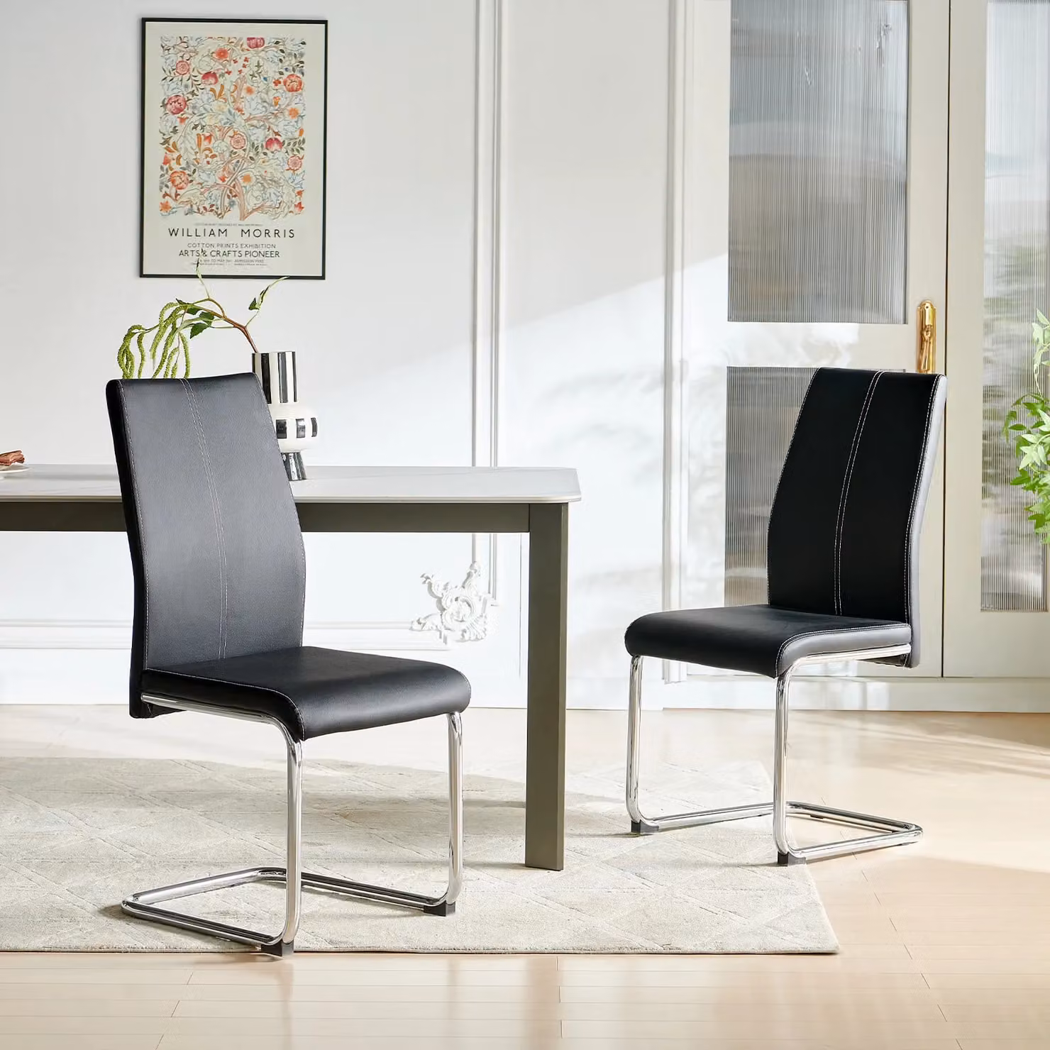 SONARA Set of 4 Modern Faux Leather Dining Chairs with Chrome Metal Cantilever Legs in Black and Grey – 6
