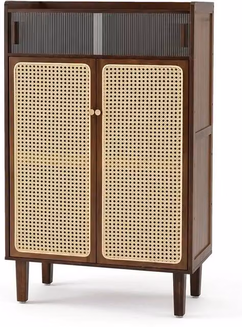 VOGREX 6-Tier Bamboo Shoe Cabinet with Sliding Rattan Doors in Brown – 1