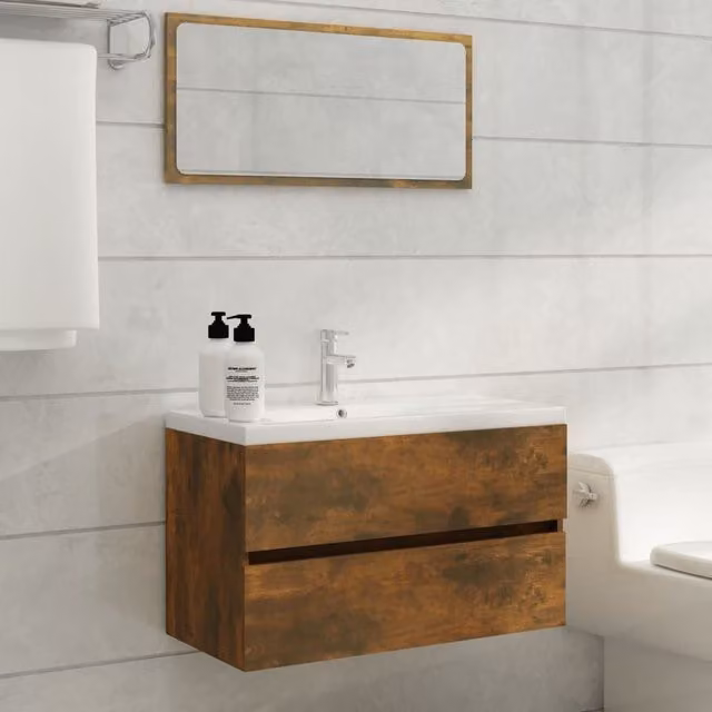 Berkfield Home 2 Piece Modern Bathroom Furniture Set including Vanity Unit and Mirror Cabinet in Smoked Oak Brown – 1