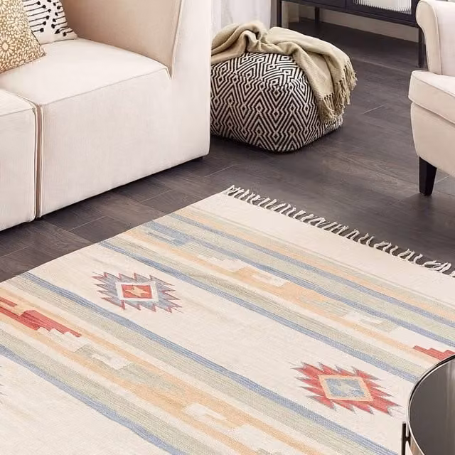Wyld and Coco Klim Handwoven Cotton Kilim Rug in Beige and Multicolour, Reversible with Tassels, W: 140 cm, D: 200 cm – 1