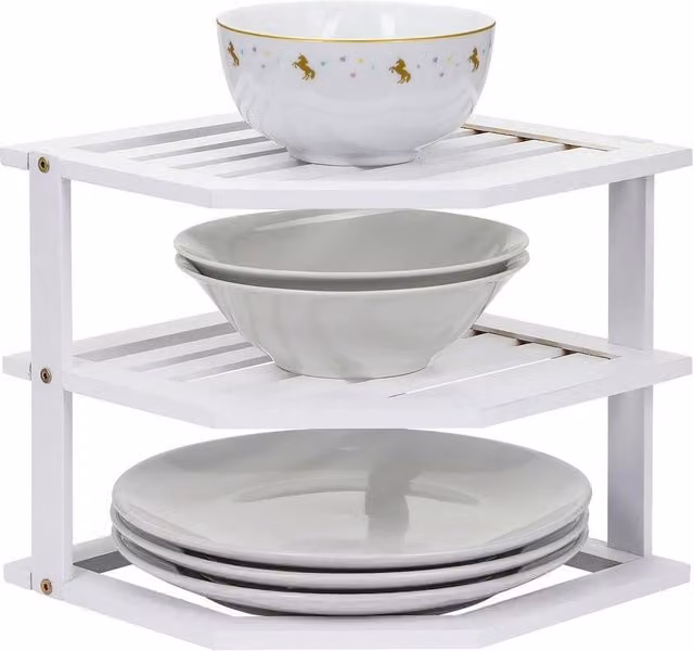 Kelvenix White 3 Tier Bamboo Corner Kitchen Plate Rack