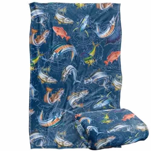JQ Licensing Saltfish Fishing Compass Pattern Super Soft Fleece Throw Blanket, Multicolour, W/D/H: 91 x 147 cm