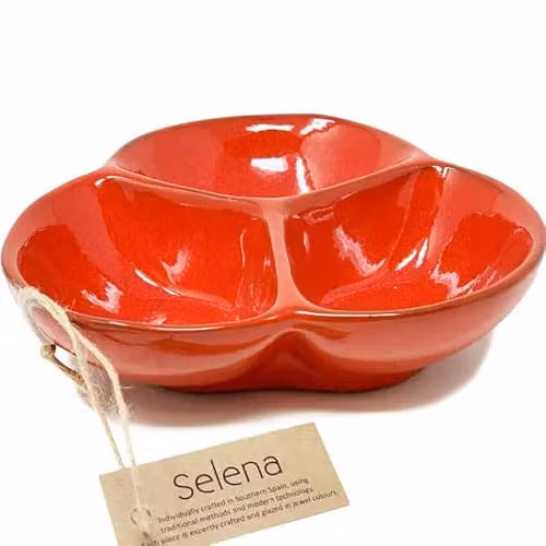 Verano Spanish Ceramics Selena Glazed Hand Dipped Red Ceramic Snack Trio Dish, Diameter: 18 cm – 2