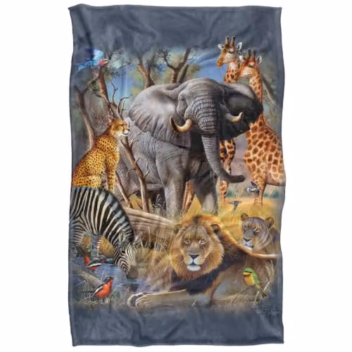 JQ Licensing African Animal Elephant, Lion, Zebra and Giraffe Collage Super Soft Fleece Throw Blanket, Multicolour, W/D/H: 91 x 147 cm