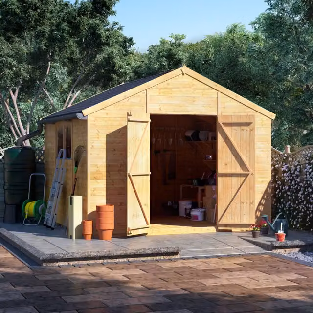 BillyOh Rustic Brown Wooden Apex Workshop with Window, W: 304.8 cm, D: 304.8 cm, H: 243.8 cm