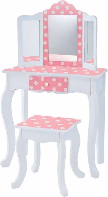 Teamson Kids Princess Gisele 2-Piece Wooden Play Vanity Set with Table, Tri-Fold Mirror, Storage Drawer and Stool in Pink and White Polka Dot