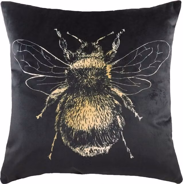 Make it a Home Gold Bee Rectangular Velvet Cushion in Black with Feather Filling, Width: 43 cm