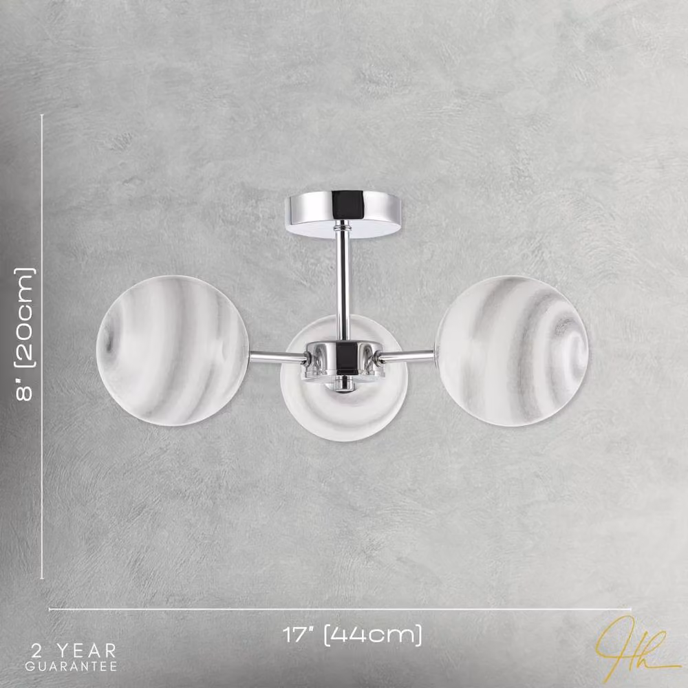 Happy Homewares Designer Ceiling Light Fitting with Silver Chrome Finish and Marble Glass Spherical Shades – 3