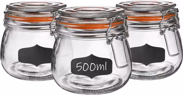 Argon Tableware Set of 6 Transparent Glass Storage Jars with Stainless Steel Clip Lids and Silicone Seals, 500ml – 5