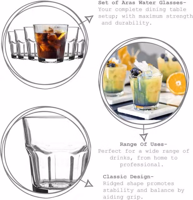 LAV Aras Geometric Tumbler Glasses, Transparent, 200ml, Pack of 12