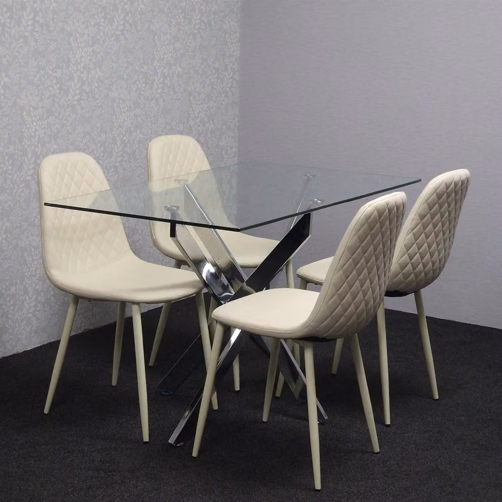 Kosy Koala Modern Rectangular Glass Dining Table Set with 4 Beige Gem Pattern Chairs – 2