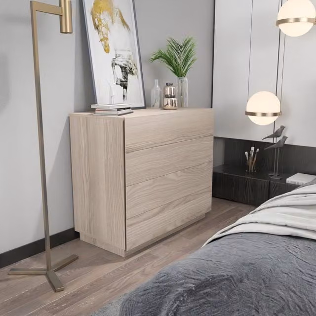 Decorotika Lines Wide Modern Dresser with Finger Pull Design in Cordoba Pattern, Beige and Yellow