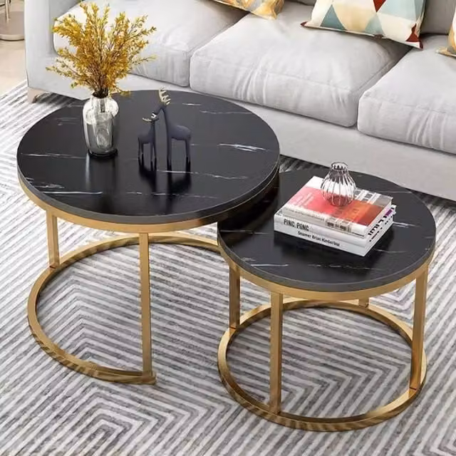 VOGREX Black Round Nesting Coffee Table Set of 2 with Wood Tops and Metal Sled Base – 1