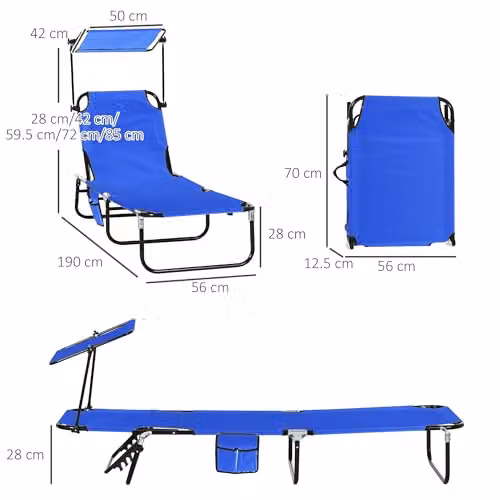 Outsunny 2 Piece Blue Folding Sun Loungers with Sun Canopy and Adjustable Headrest – 3