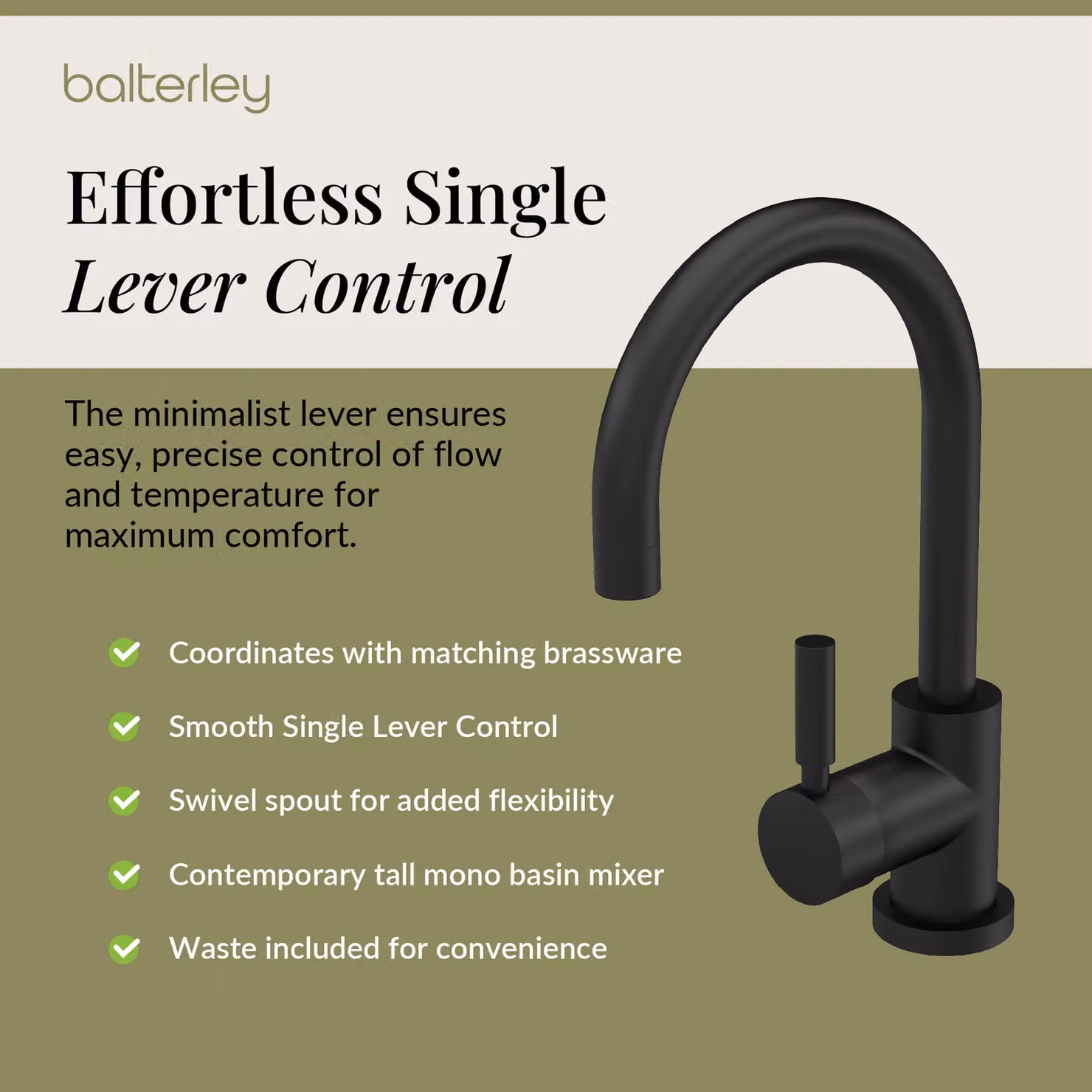 Balterley Round Tall Single Lever Mono Basin Mixer Tap with Waste, Matt Black – 3