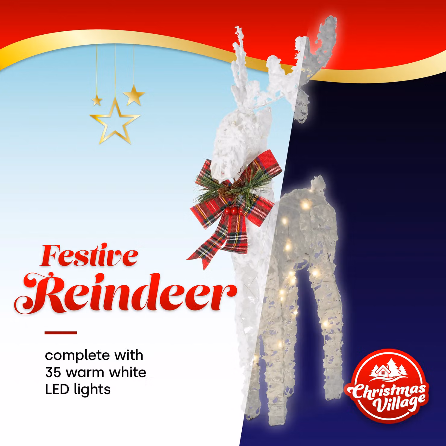 Christmas Village Light Up Glitter Reindeer Decoration in White and Grey with Textile Scarf and Warm Light – 2