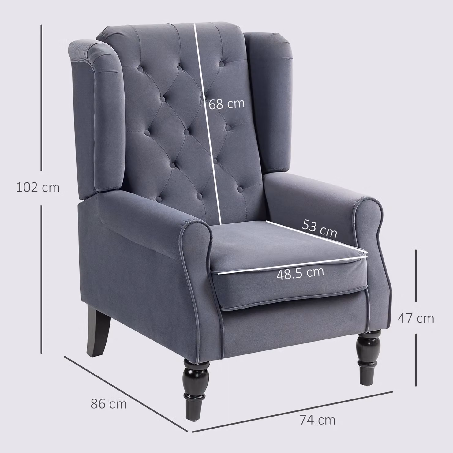 HOMCOM Retro Wingback Accent Armchair in Grey Velvet with Solid Wood Frame – 3