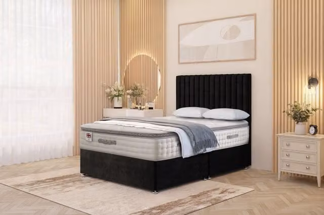 Somnior Eleanor Plush Divan Bed Set with Pillowtop Hybrid Mattress and 54 inch Headboard, Black, W/D: 200 x 200 cm