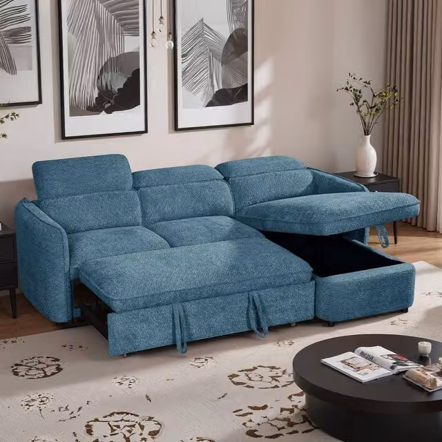 Furnishings For Less UK Ria L Shaped 4 Seater Fabric Corner Sofa Bed in Blue with Adjustable Headrests and Pull Out Frame W/D/H: 236 x 166 x 90 cm