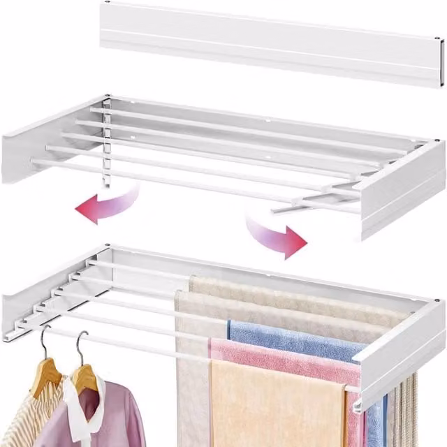 ATEK Wall Mounted Retractable Laundry Drying Rack in White, 100cm – 1
