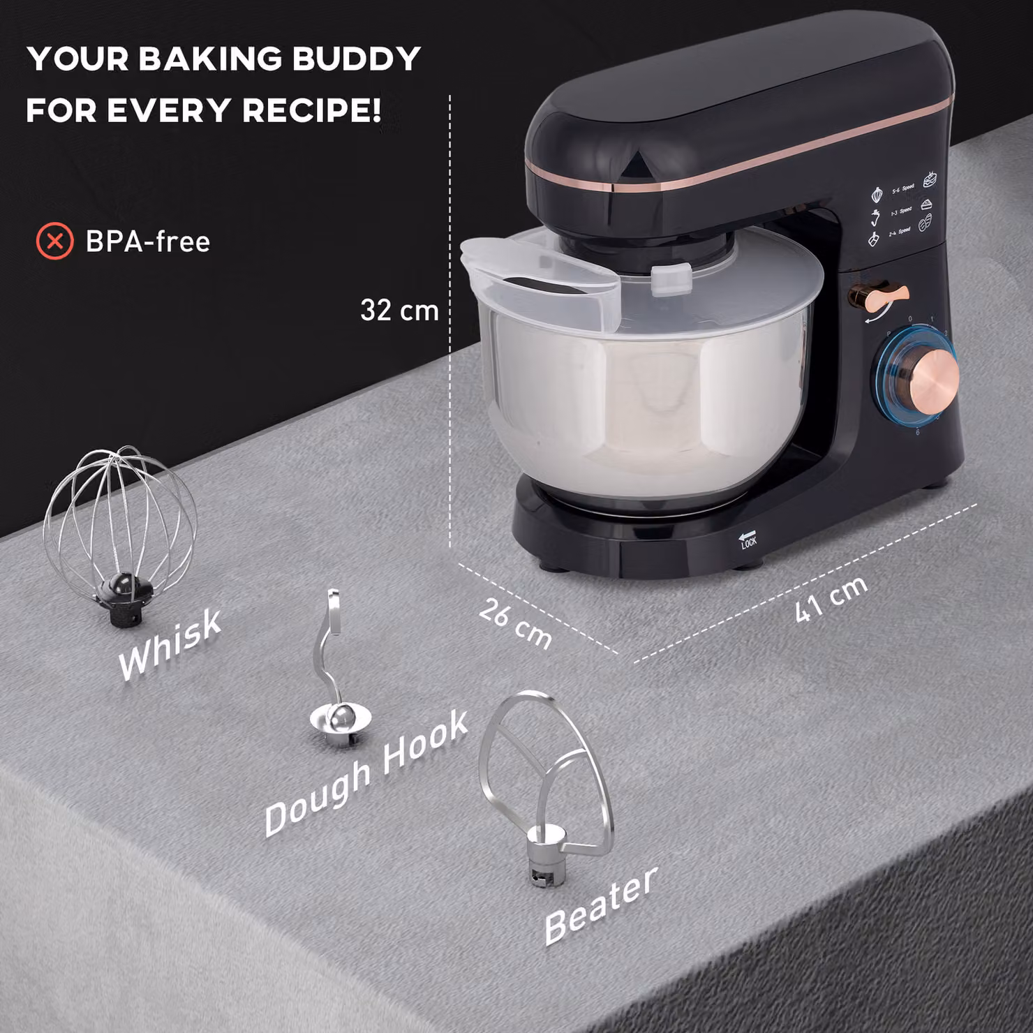 HOMCOM Stand Mixer for Baking with 5L Stainless Steel Bowl, 6 Speeds, Pulse Setting and Overheat Protection, Black – 3