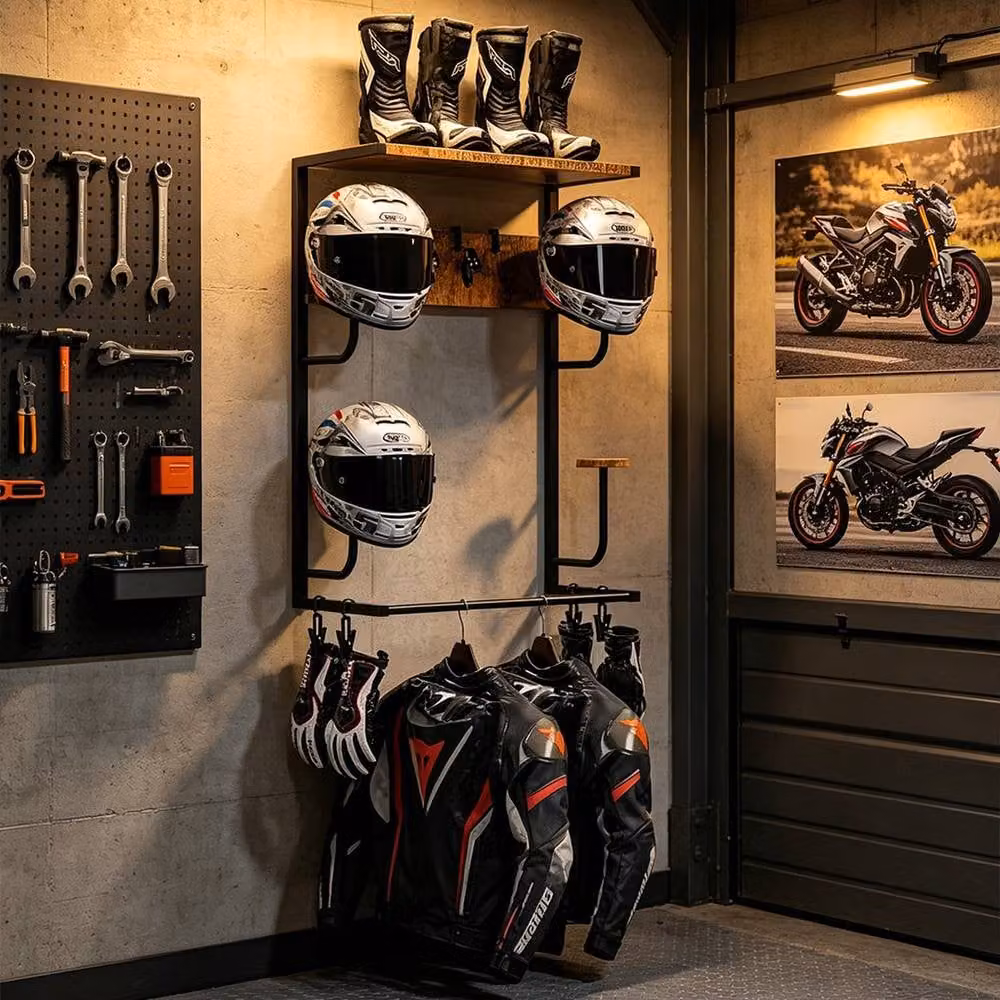 FORGEVIO Brown Wall Mounted Motorcycle Helmet Holder with Glove Clips and Industrial Wood Design – 2