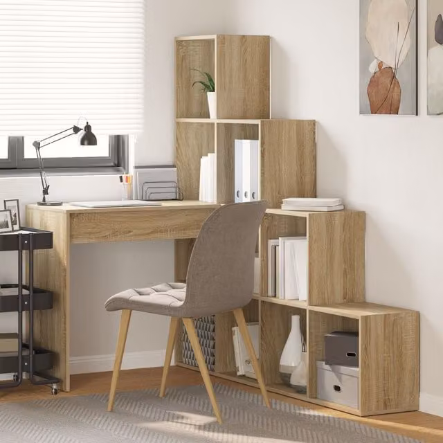 Berkfield Home Corner Desk with Storage Shelf in Sonoma Oak and Brown, W/D/H: 149.5 x 101.5 x 149.5 cm