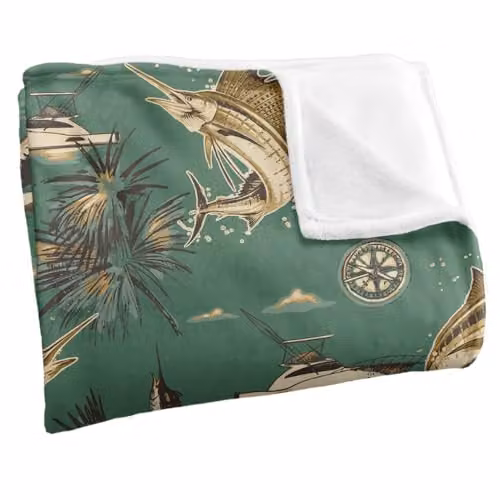 JQ Licensing Billfish Tiki Fishing Pattern Super Soft Fleece Throw Blanket, White, W/D/H: 152 x 127 cm – 2