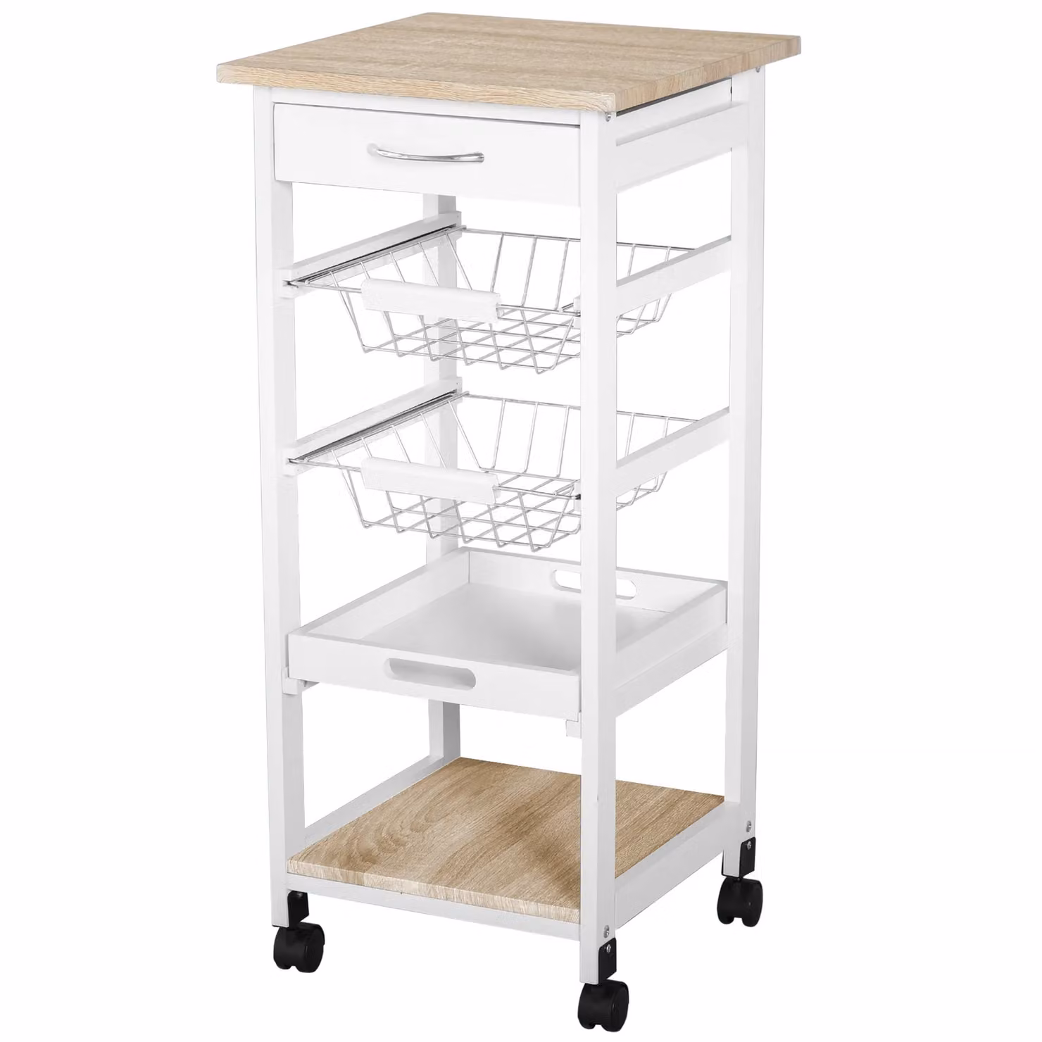 HOMCOM Mobile Rolling Kitchen Island Trolley with Metal Baskets in White – 2