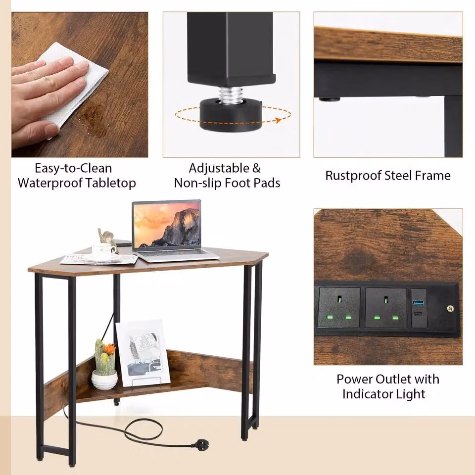 Costway Modern Brown Corner Computer and Laptop Desk with Power Outlet – 4