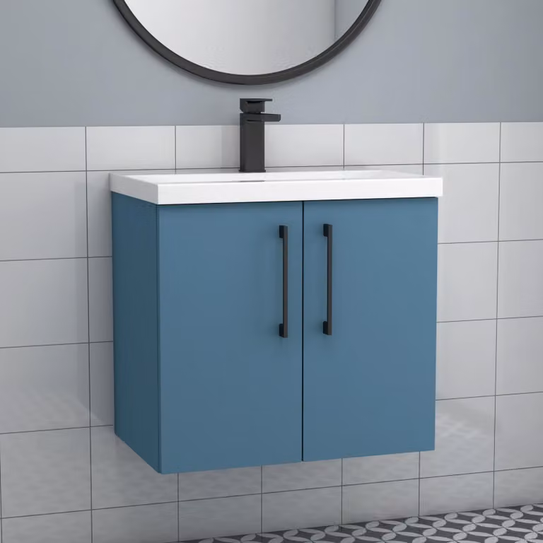 Royal Bathrooms Modena 800mm Wall Hung Vanity Unit in Satin Blue with Mid-Edge Basin and Black Handles