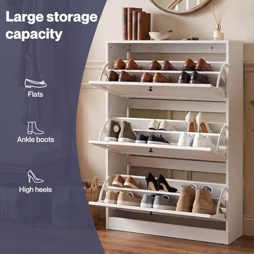 Levede Modern White Slim Shoe Cabinet with Tilting Compartments and Internal Shelves, H 117 x W 80 x D 24 cm – 4