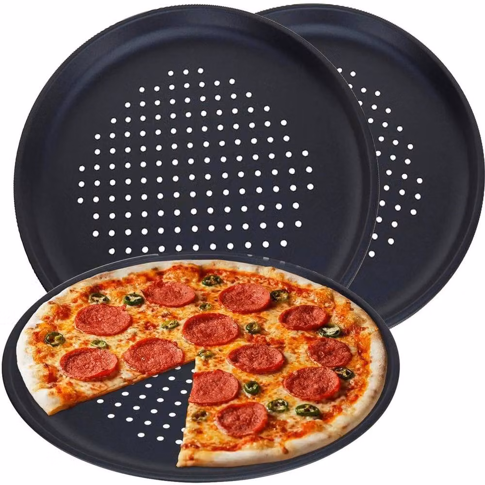 NESTLUNE Set of 3 Black Non-Stick Round Carbon Steel Pizza Trays, Diameter: 32 cm – 3