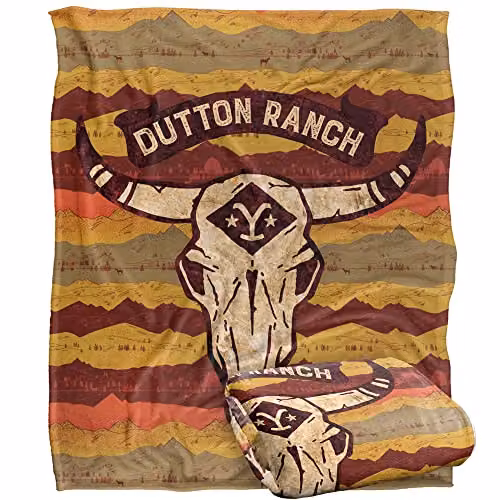LOGOVISION Yellowstone Skull Mountain Pattern Super Soft Fleece Throw Blanket in White and Multicolour, W/D/H: 152 x 127 cm