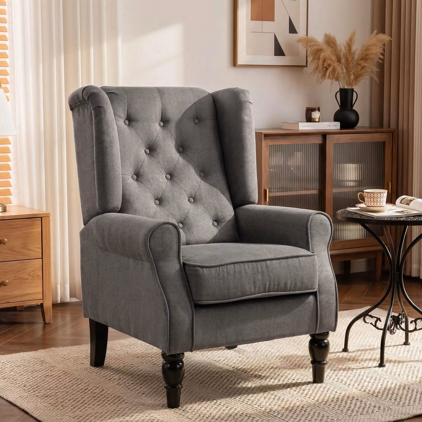 HOMCOM Wingback Occasional Armchair with Solid Wood Frame and Foam Cushion in Dark Grey Linen Fabric – 2