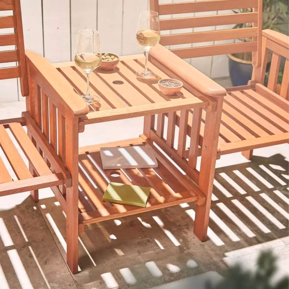 Marco Paul Traditional Jack & Jill Acacia Wood Bench with Square Glass Table in Brown, W/D/H: 164.5 x 63.0 x 63.0 cm – 4