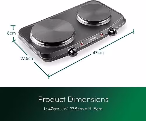 Emperial Double Hotplate Portable Camping Electric Hob, 2250W Black Table Top Cooktop with 2 Cast Iron Rings – 6