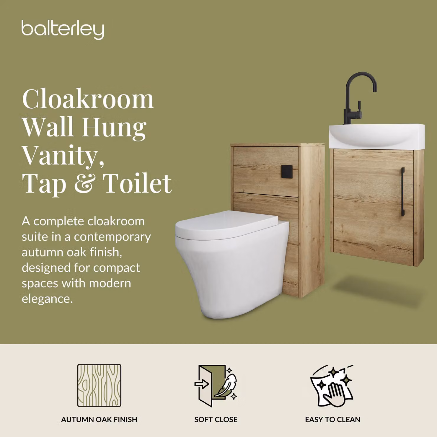 Balterley Modern Right Hand Cloakroom Suite with Oak Vanity, WC, Toilet and Tap Set in Black and Grey, Width: 44 cm – 2