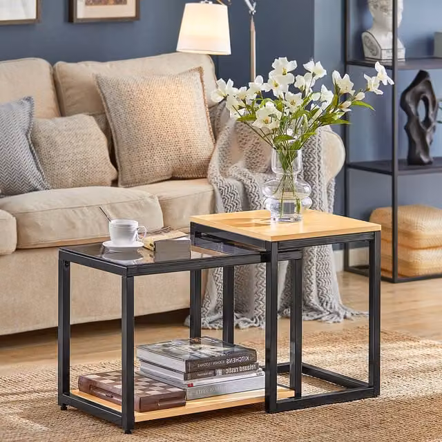 SoBuy Set of 2 Modern Black Square Nesting End Tables with Metal Legs