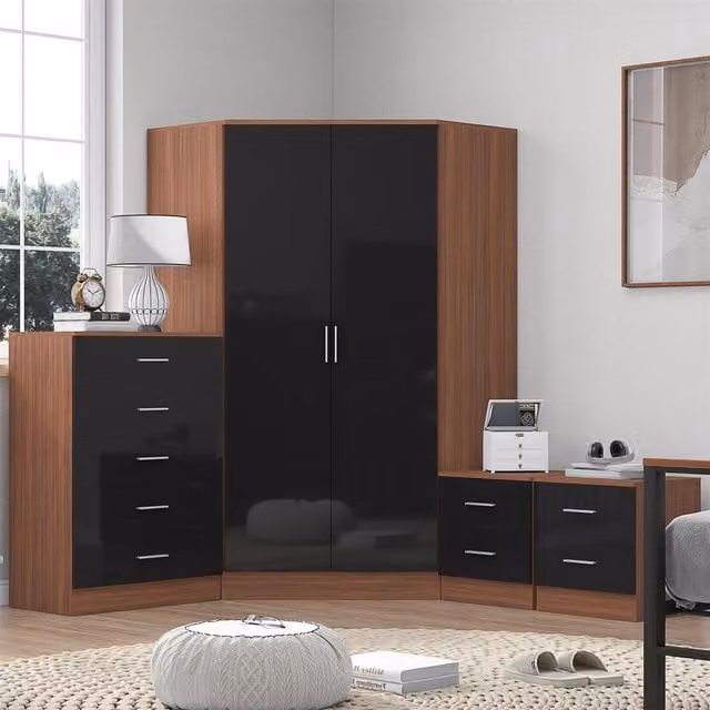 REFLECT Bedroom Furniture Bundle with Corner Wardrobe, Chest of Drawers and 2x 2-Drawer Bedside Tables in Black Gloss and Matt Walnut