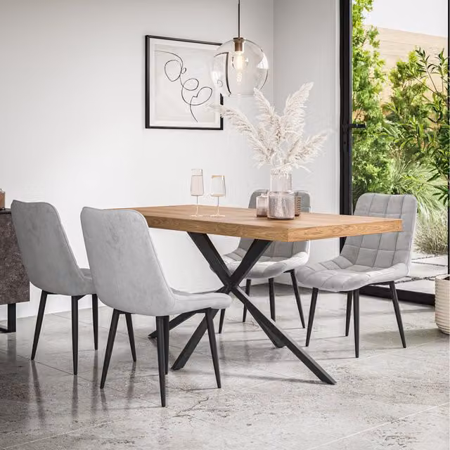 More4Homes Donni Dining Table and 6 Nova Velvet Chairs Set, Oak Effect and Grey