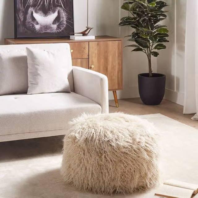 Wyld and Coco Light Beige Faux Fur Square Pouffe Footstool with Removable Cover
