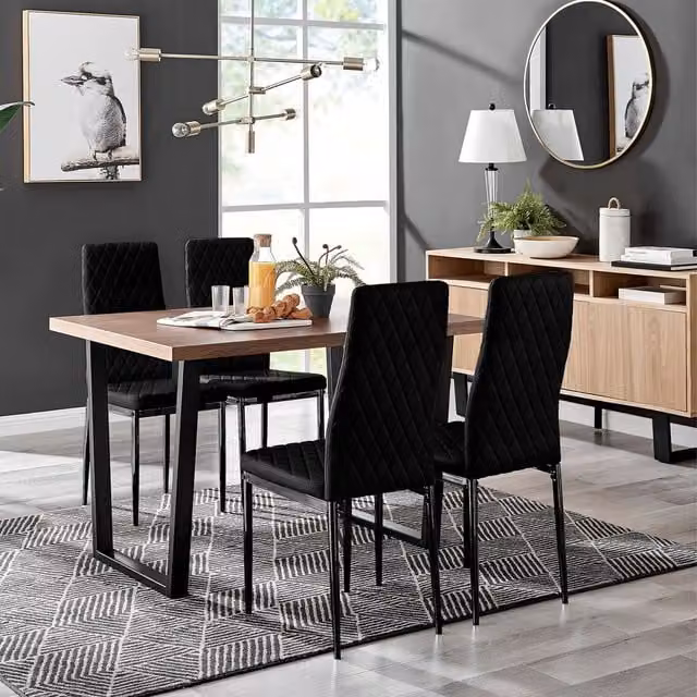FurnitureboxUK Kylo Brown Wood Effect Dining Table and 4 Black Velvet Milan Chairs