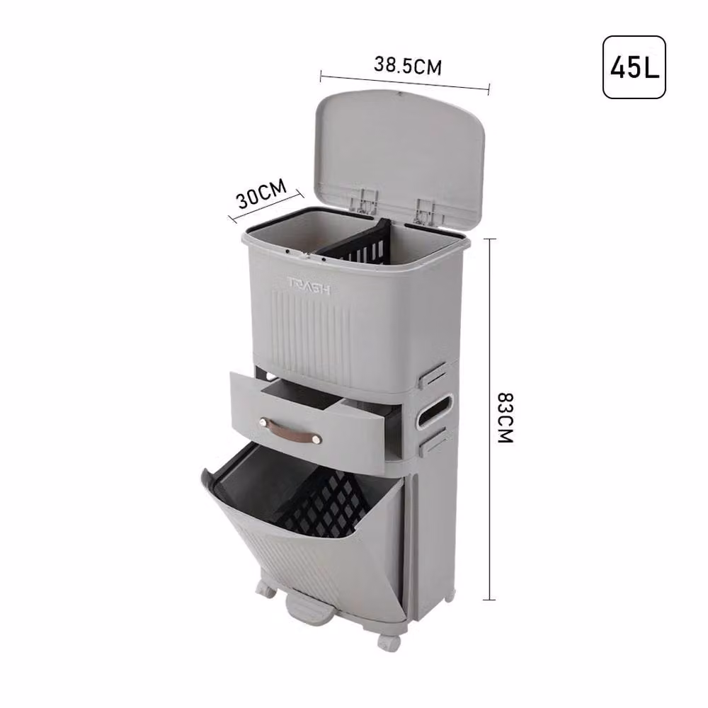 VOGREX 45L Slim 3-Tier Step-On Recycling Bin with Wheels in Grey – 2