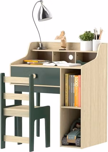 Havendro Childrens Desk, Chair and Storage Shelf Set in Green and Multicolour – 1