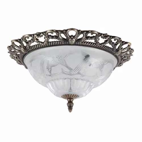 Happy Homewares Classic Round Flush Ceiling Light with Transparent Floral Glass and Gold Brass Metal Finish, W: 33 cm, D: 33 cm, H: 11 cm