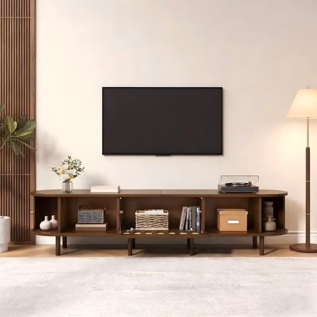 Rolipo Dark Walnut Oval TV Stand with Rattan Lowboard in Brown – 1