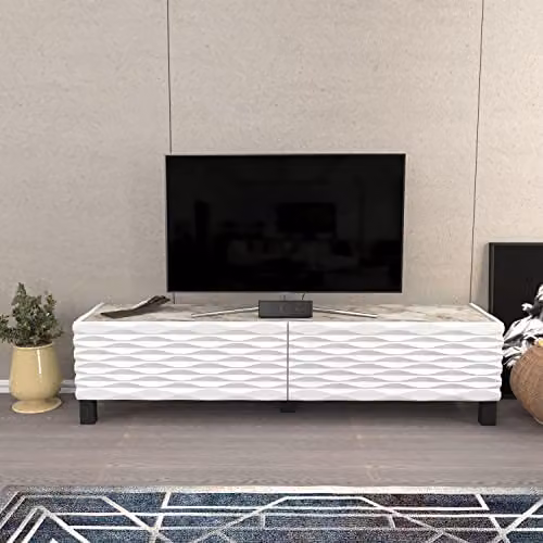 DECOROTIKA Lerze Modern TV Stand with Marble Effect Tabletop and Textured Doors, White, Width: 150 cm – 2